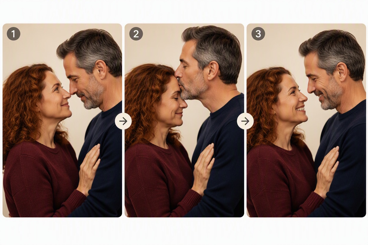 Feature continuity storyboard with a woman with shoulder-length curly auburn hair and a burgundy sweater, and a man with short salt-and-pepper hair, a trimmed gray beard, and a navy sweater. Three frames show eye contact, a gentle forehead kiss, and a shared smile.