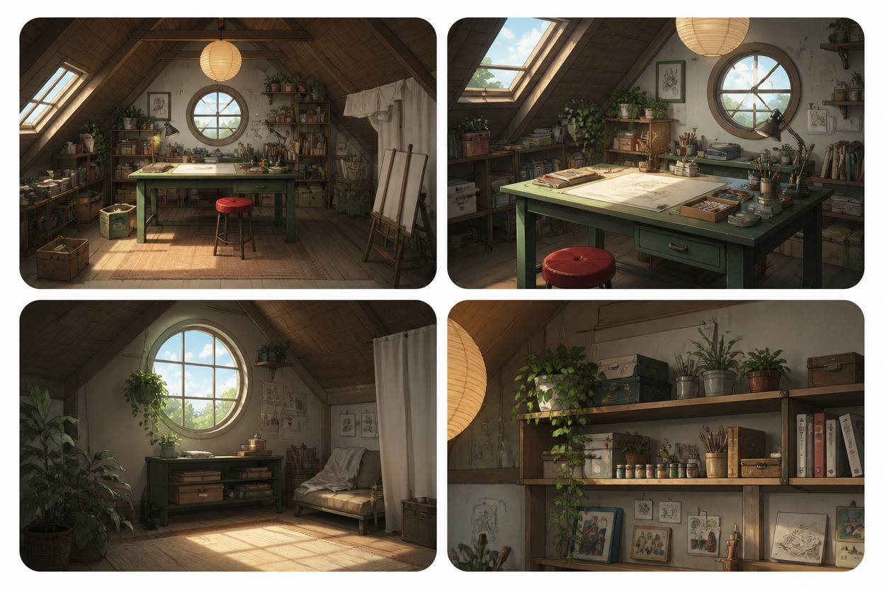 Feature interior-background design board for one original small attic art studio. Show WIDE ROOM, DESK ANGLE, WINDOW CORNER, SHELF DETAIL while preserving sloped wood ceiling, round window, green desk, red stool, paper lantern and plant shelf. No people, readable brand text, impossible room geometry, logo or watermark.