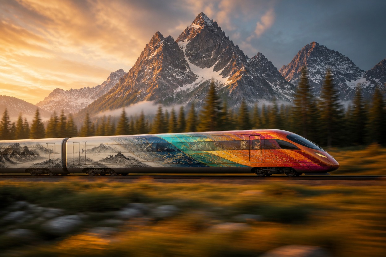 Stylized train moving through a mountain landscape in one cinematic scene