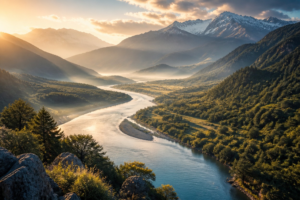 Cinematic river valley representing Wan 2.2 Spicy video generation