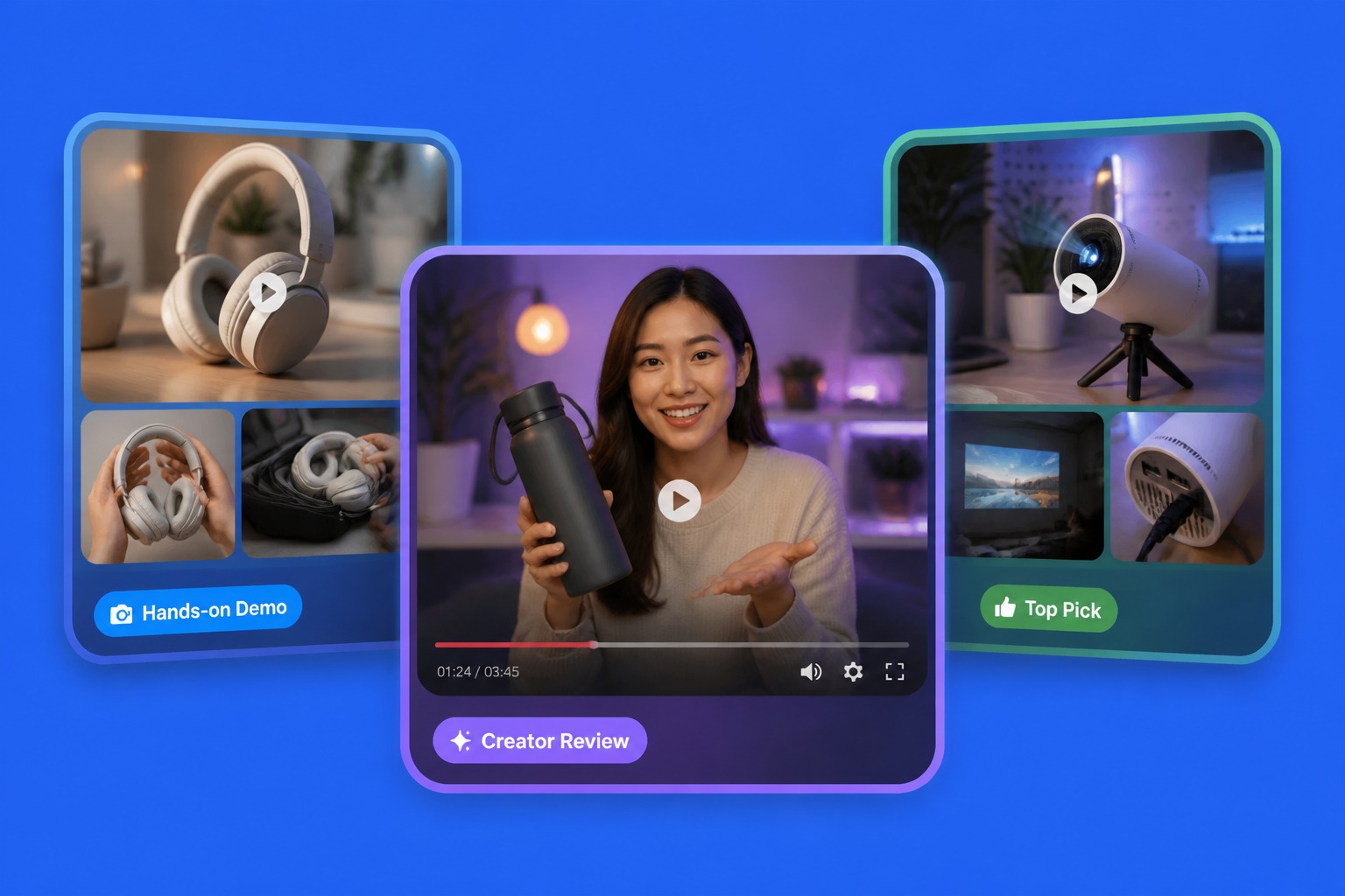 concepto de vídeo de reseña de producto con IA con demostración del producto y ángulo de recomendación
