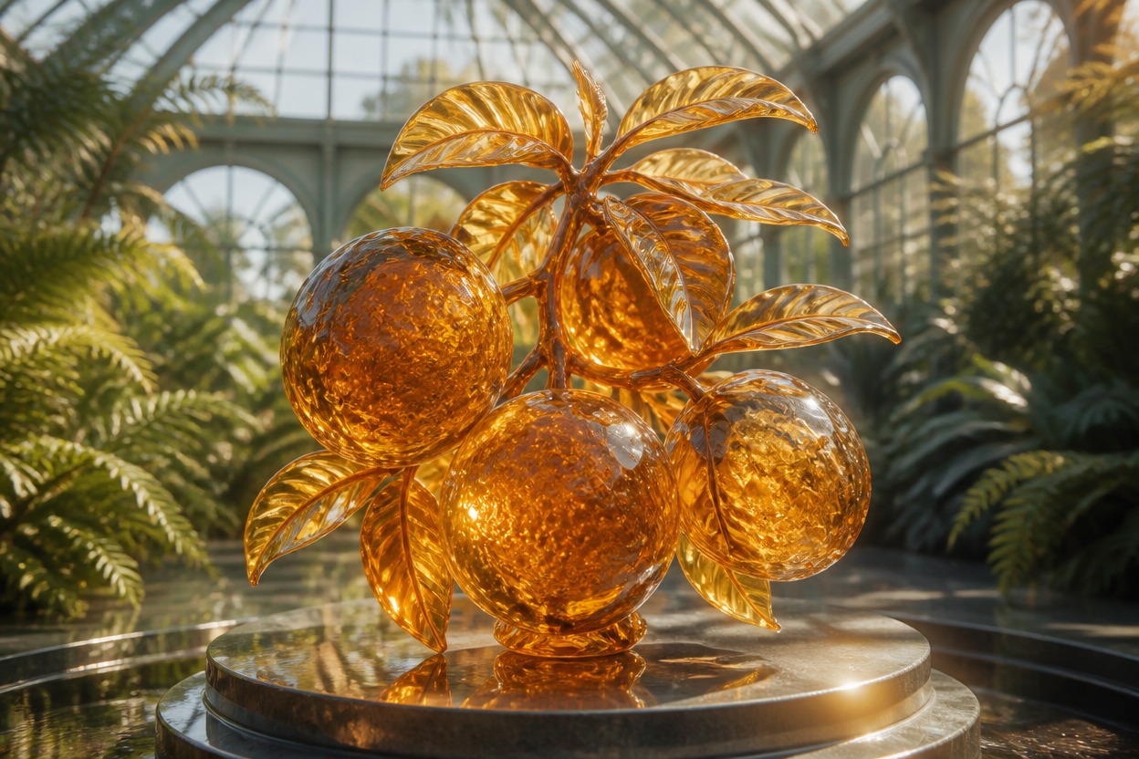 Translucent amber fruit sculpture in a botanical glasshouse