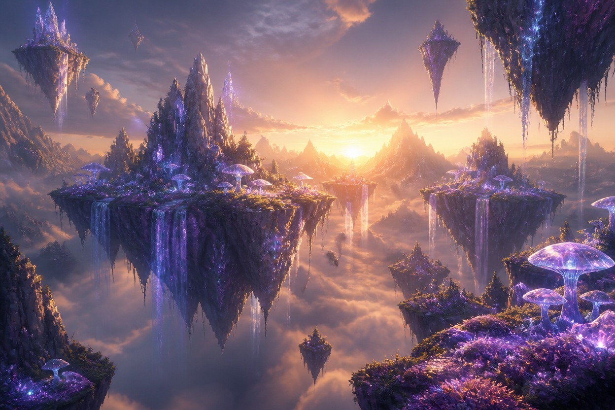 Detailed single-scene fantasy landscape representing text-to-image generation