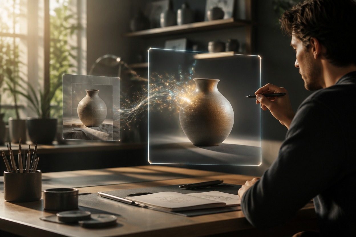 Coherent creative studio scene representing reference-guided image work