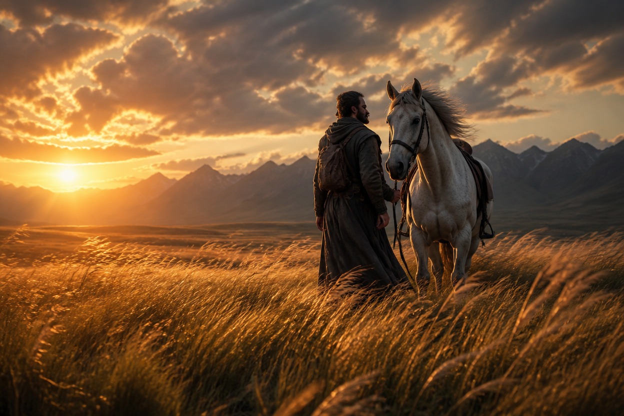 Traveler beside a horse in a windswept field