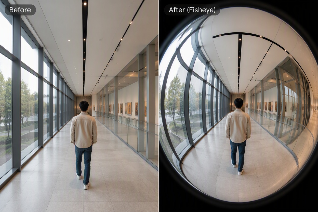 Fisheye Lens Filter example: curve streets, rooms, and architecture