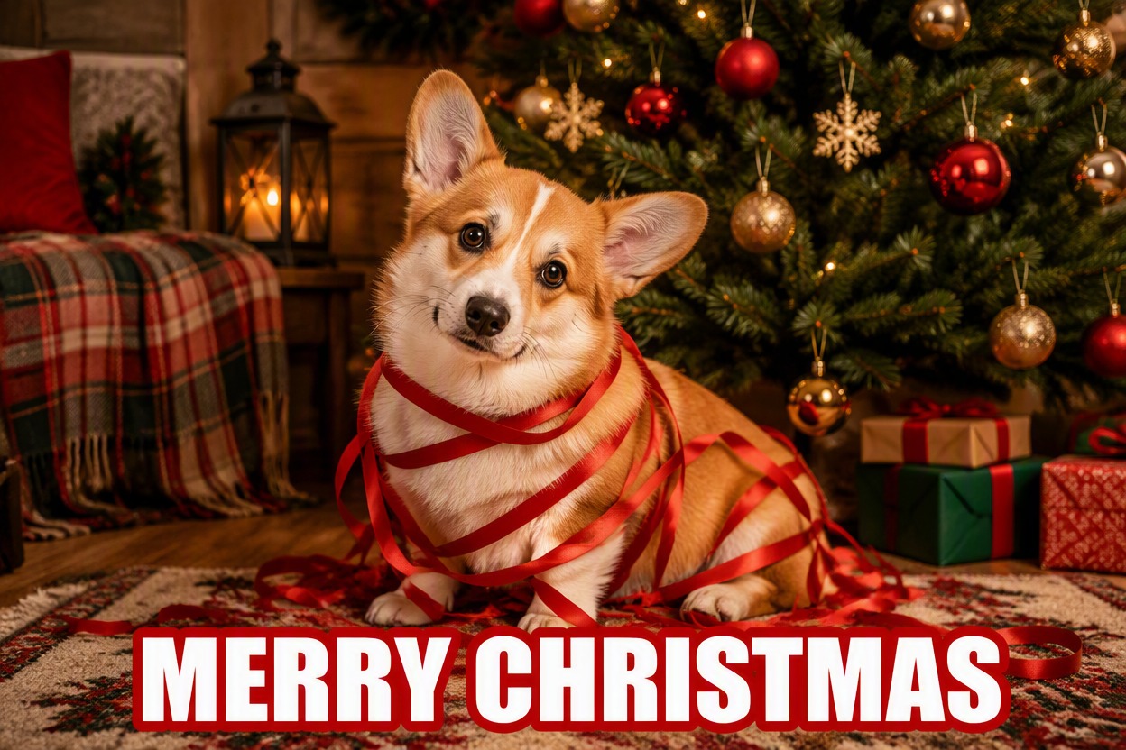 Feature one finished Christmas reaction meme: corgi gently tangled in unlit red ribbon beside a decorated tree, with the bold caption MERRY CHRISTMAS.