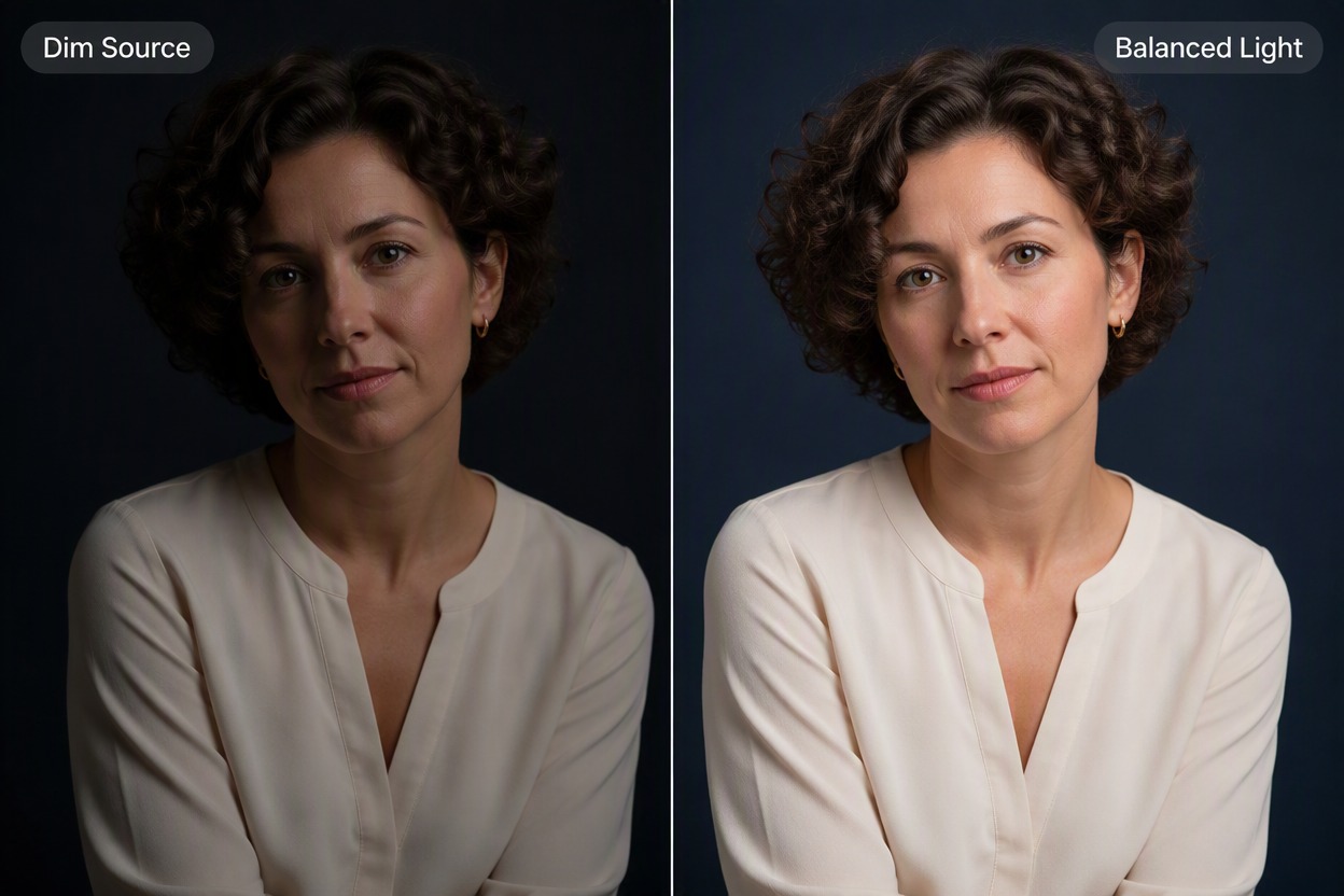 Before-and-after portrait of a woman with short curls and a cream blouse. The enhanced result lifts shadow detail and facial contrast while retaining the directional light, skin tone, pose, clothing, and dark blue background.