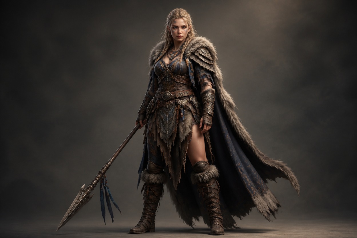 Original fantasy character with coherent costume details in a single studio scene