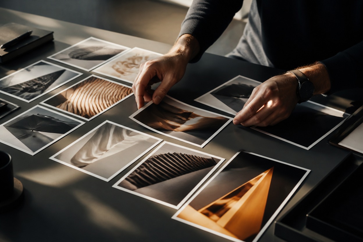 Director arranging visual reference photographs on a production table