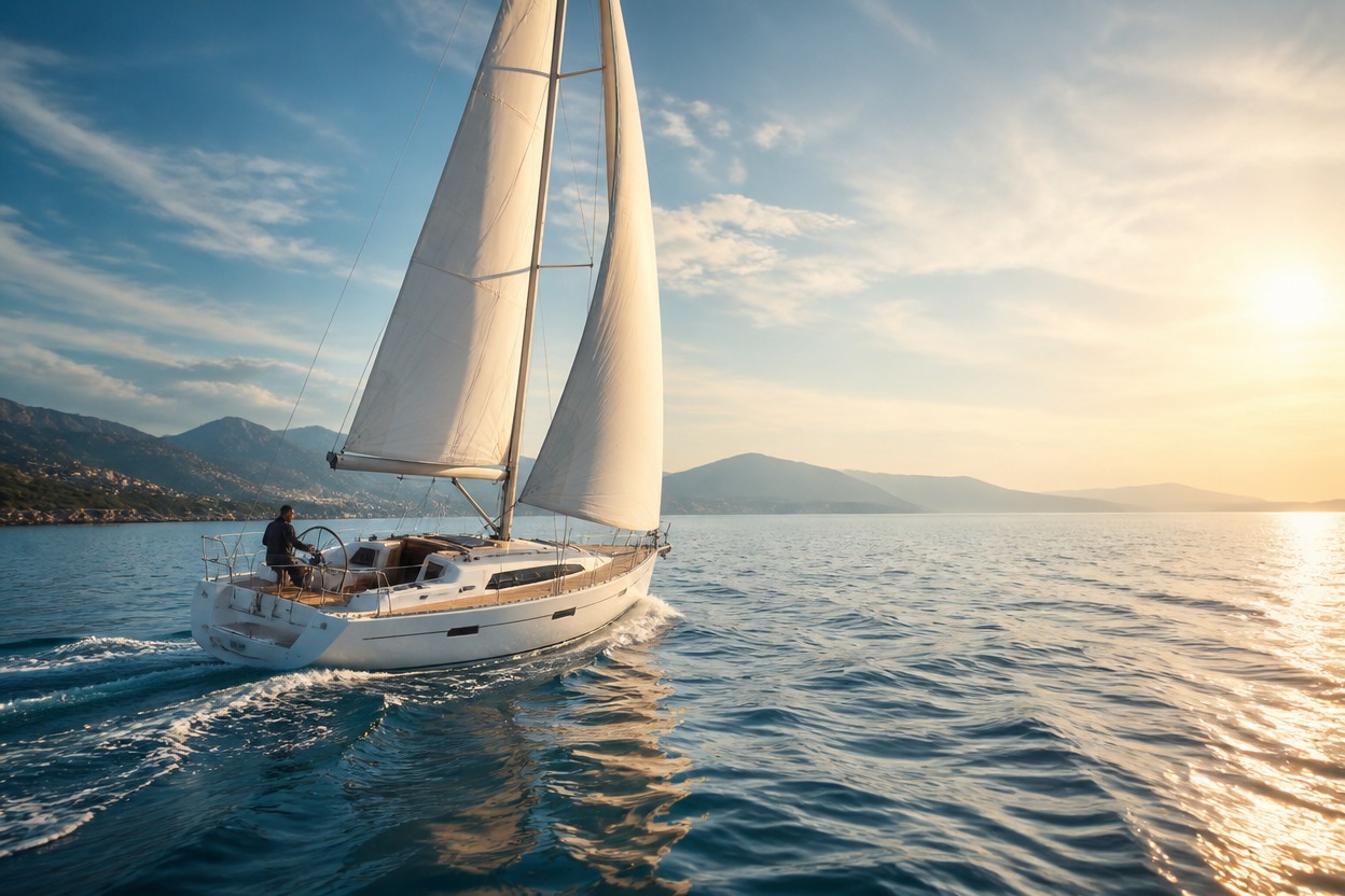 Wind-driven sailboat scene illustrating prompt-to-video generation