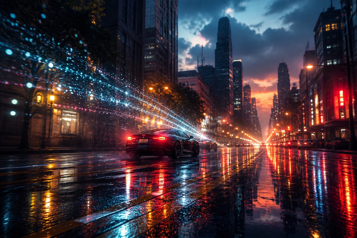 Rainy cinematic street illustrating prompt-driven video creation