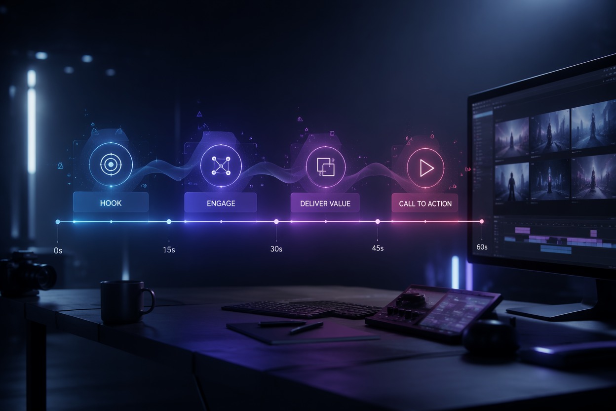 Visual del Creador de videos con IA de 60 segundos para planificar el arco completo de 60 segundos