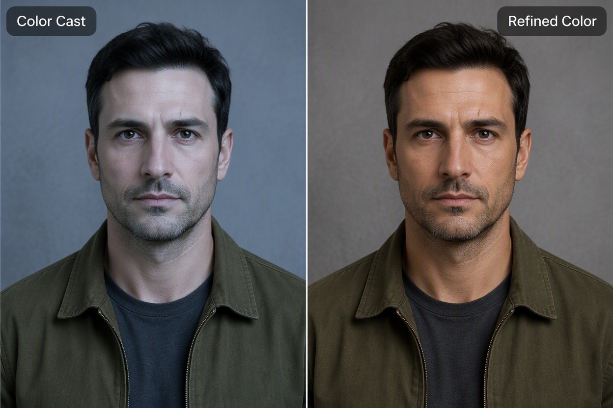Before-and-after portrait of a man with short dark hair and an olive jacket. The refined result removes a cool blue color cast and improves white balance across the skin, jacket, and gray wall while retaining the original expression, pose, and crop.