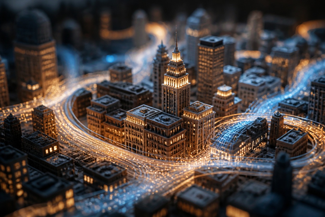 Cinematic miniature city set representing prompt-to-video generation