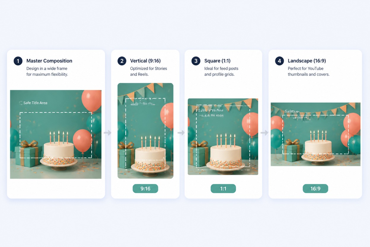 Birthday video format board showing vertical, square, and landscape layouts with a safe title area.