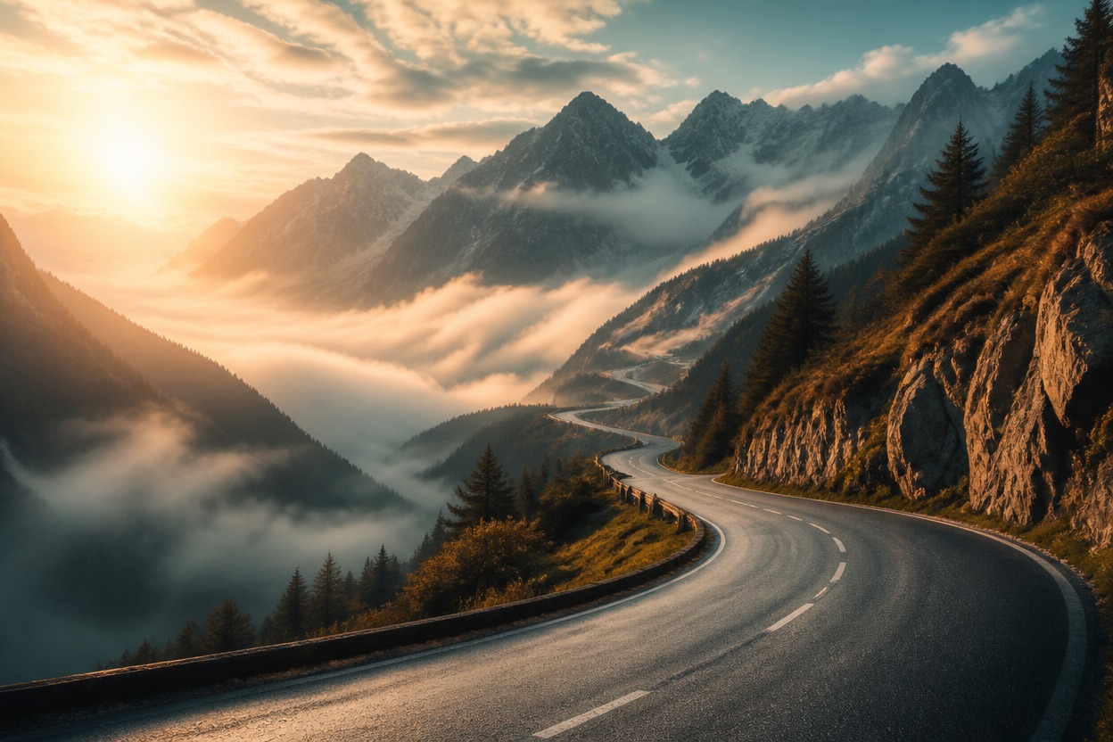 Misty mountain road suggesting prompt-driven cinematic motion
