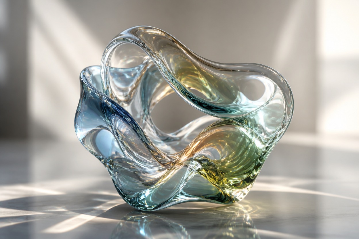 Luminous glass sculpture in a cinematic image-generation studio