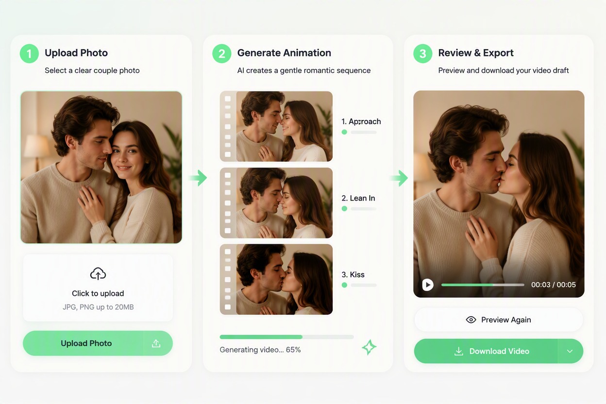 Composition board showing three couple source-photo options: seated studio, three-quarter indoor, and outdoor coats, each with a tasteful romantic setup.