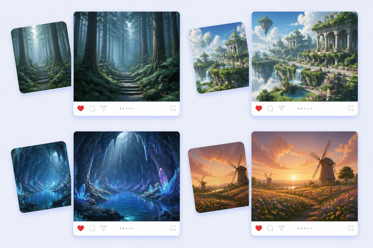Feature nature-and-fantasy background showcase with four distinct original scenes: misty cedar forest, floating garden terraces, crystal cave lake, windmill meadow at sunset. Environment art only, no characters, creatures, copied landmarks, studio-specific imitation, logos or text.