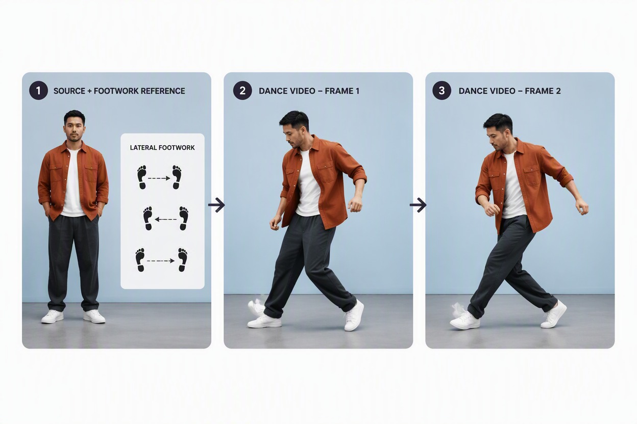 Feature vertical social-video storyboard with one fictional man in a navy loose hoodie and gray trousers performing side steps in a simple studio.