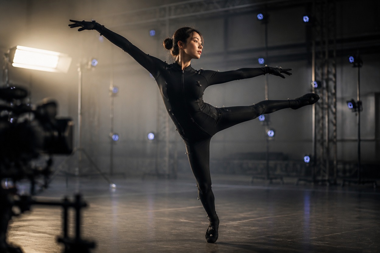 Dancer performing in a cinematic production studio for AI Dance Replace API workflows