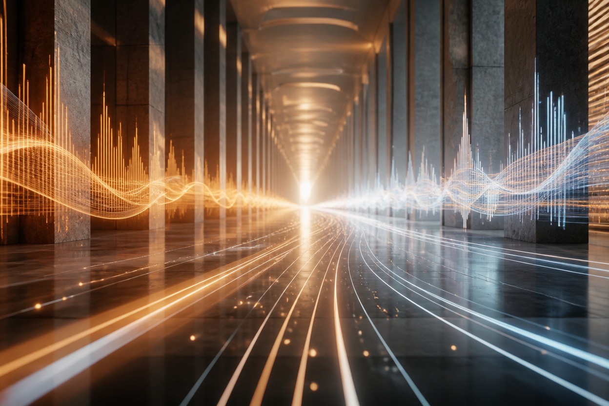 Continuous cinematic corridor representing frame-guided motion and audio