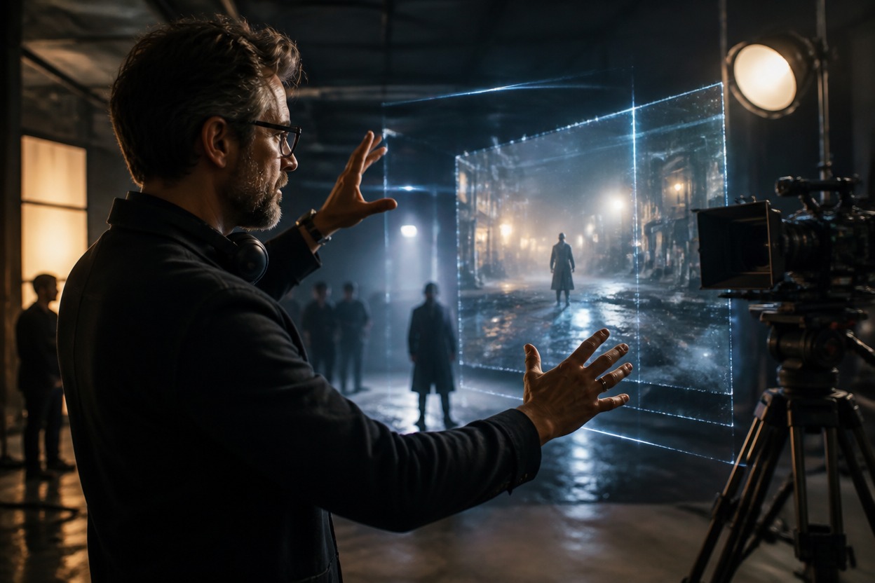 Film director staging a cinematic scene for text-to-video production