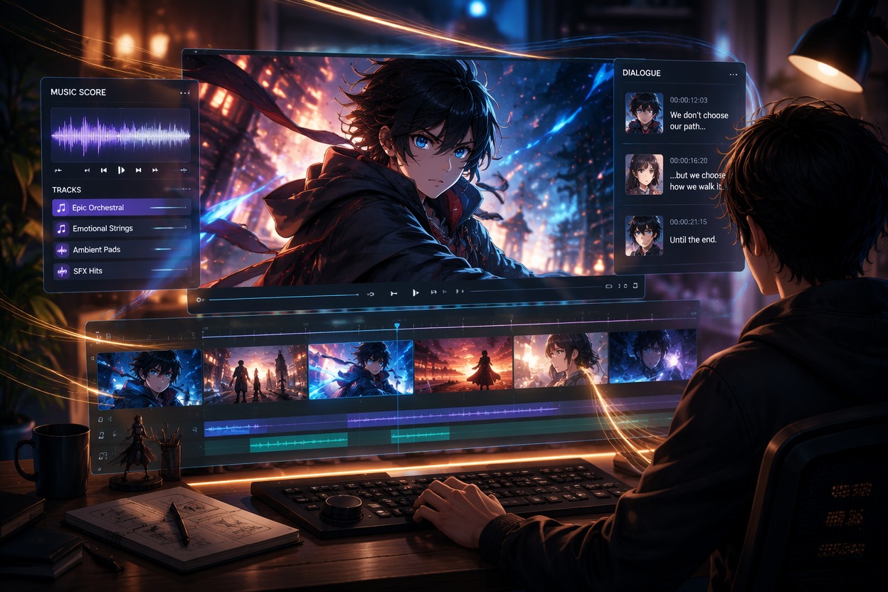 Visualisierung des KI-Anime-Video-Generators zum Erstellen von Anime-Konzepten mit mehreren Einstellungen