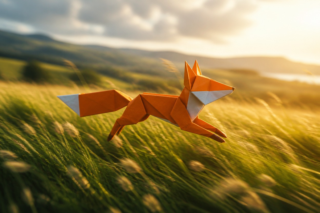 Origami fox in a windy meadow suggesting reference-guided motion