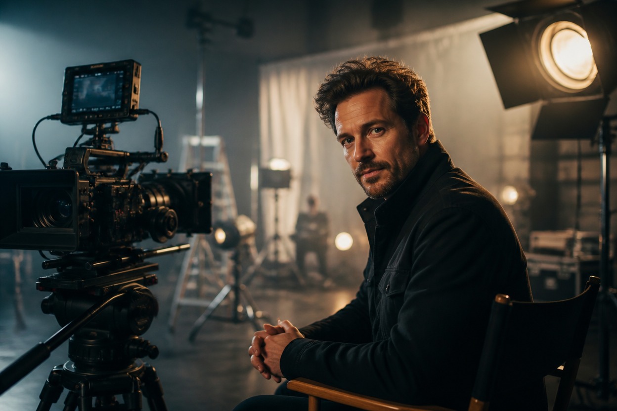 Film director beside a cinema camera on a professionally lit soundstage