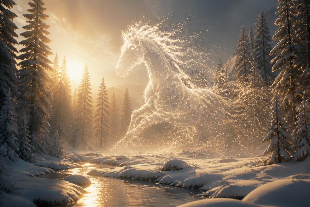 Cinematic snowy forest scene representing text-to-video generation