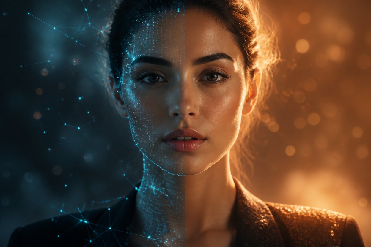 Editorial fashion portrait representing reference-guided image editing