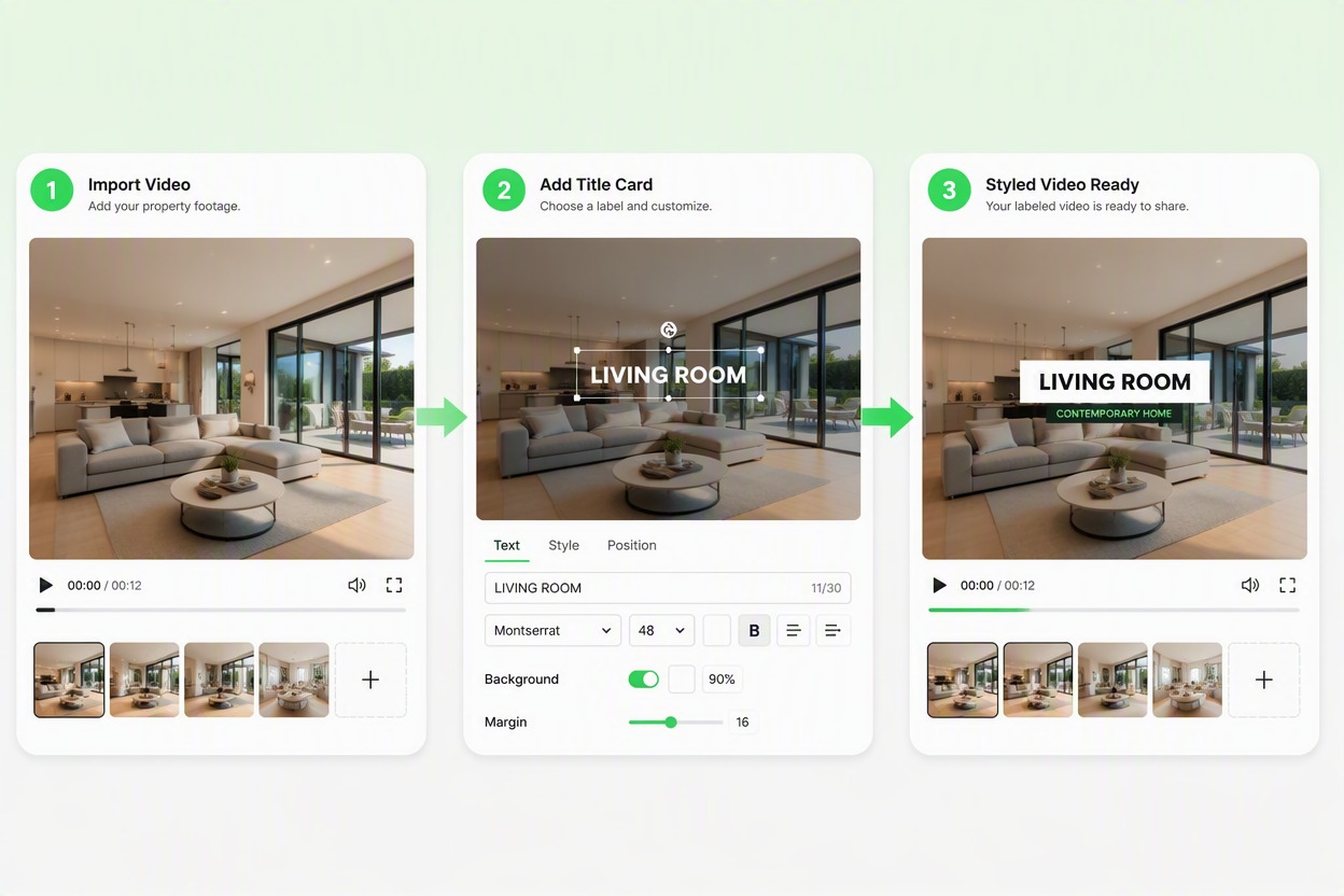 Feature title-card editor with the same property frames and only exact labels CONTEMPORARY HOME, LIVING ROOM, KITCHEN, GARDEN PATIO. No price, address, dimensions, school, availability or amenity claims.