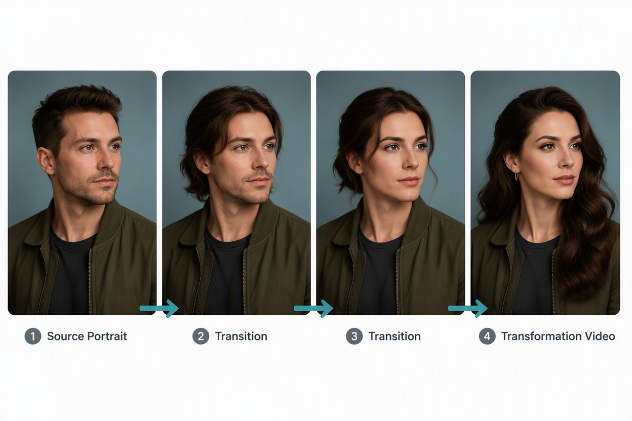 Storyboard del personaggio a tre fotogrammi che mostra una persona fittizia che passa da capelli corti e leggera barba a capelli lunghi e pettinati all'indietro e trucco leggero, mentre il colore degli occhi, la cicatrizzazione del sopracciglio, la giacca verde oliva, la posa, la telecamera e lo studio rimangono coerenti.