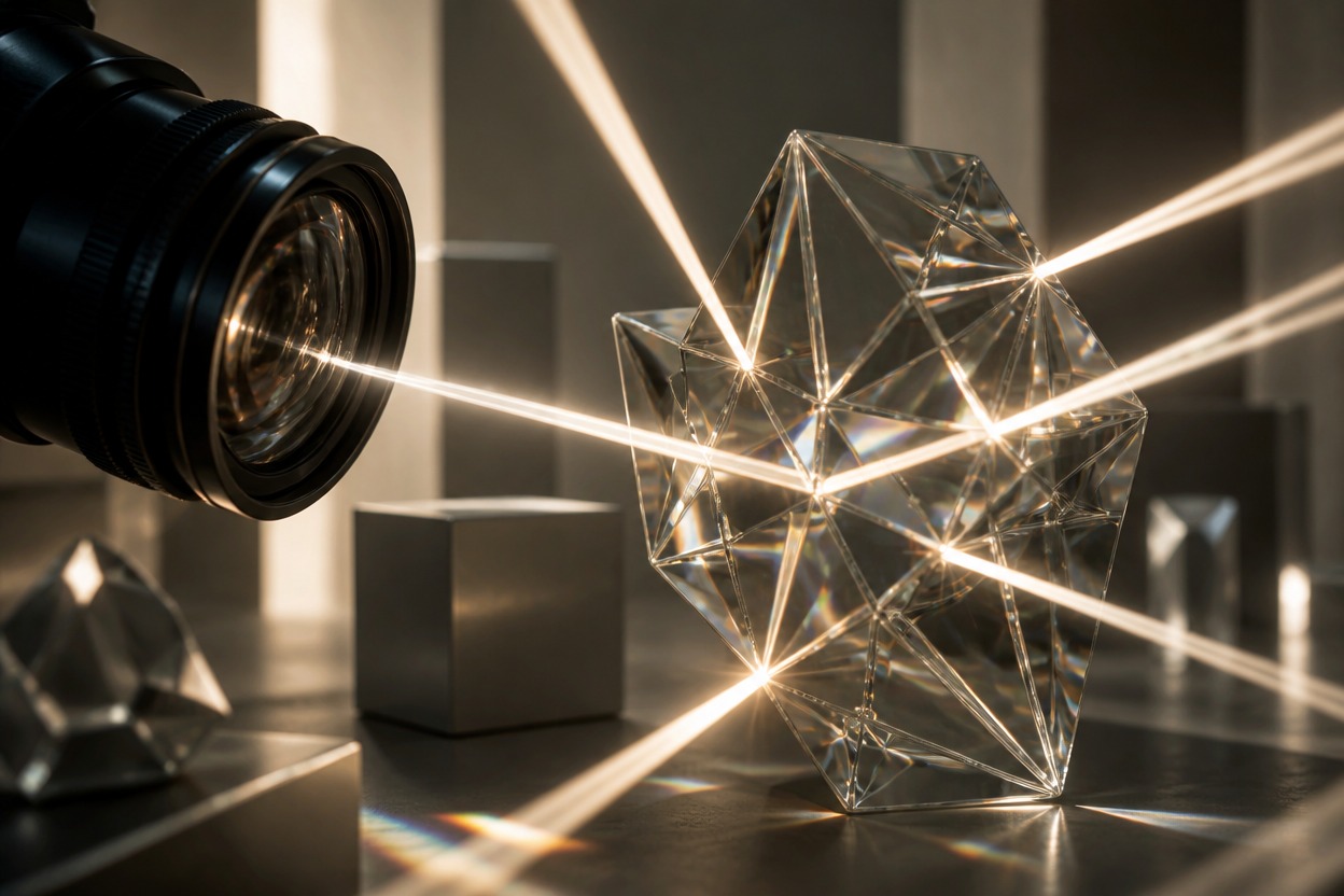 Glass sculpture and camera lens representing multi-reference image editing