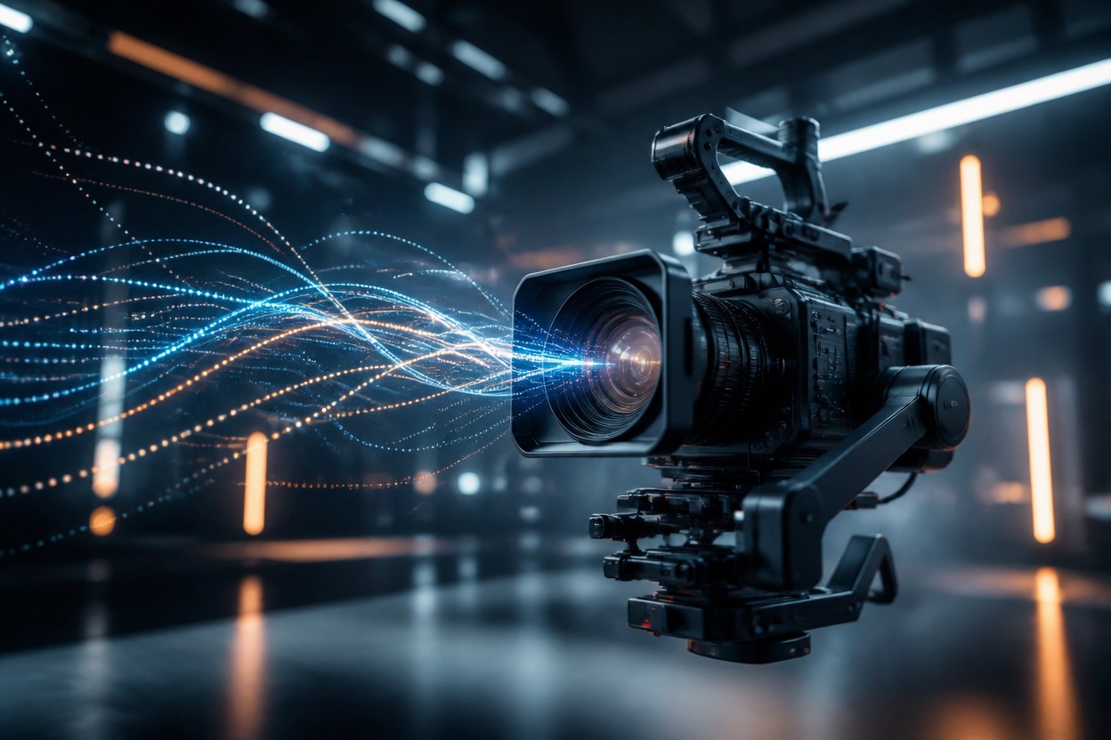 Cinematic production scene representing AI video effects API workflows