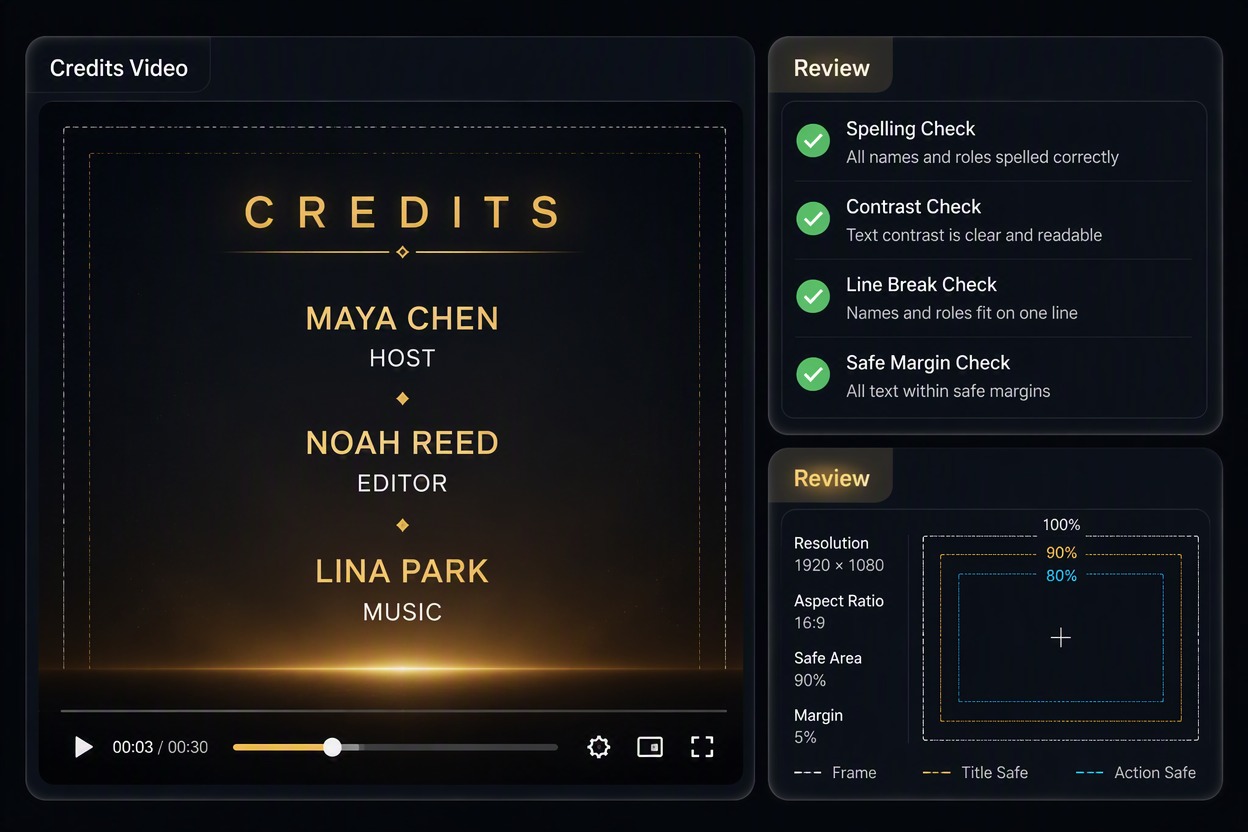 展示字幕審查應用程式，顯示包含精確姓名 MAYA CHEN, NOAH REED, LINA PARK 與職稱 HOST, EDITOR, MUSIC 的大型最終預覽；具備可見的拼字、對比度、換行和安全邊界檢查。精確標籤：Credits Video、Review。無額外文字、標誌或浮水印。