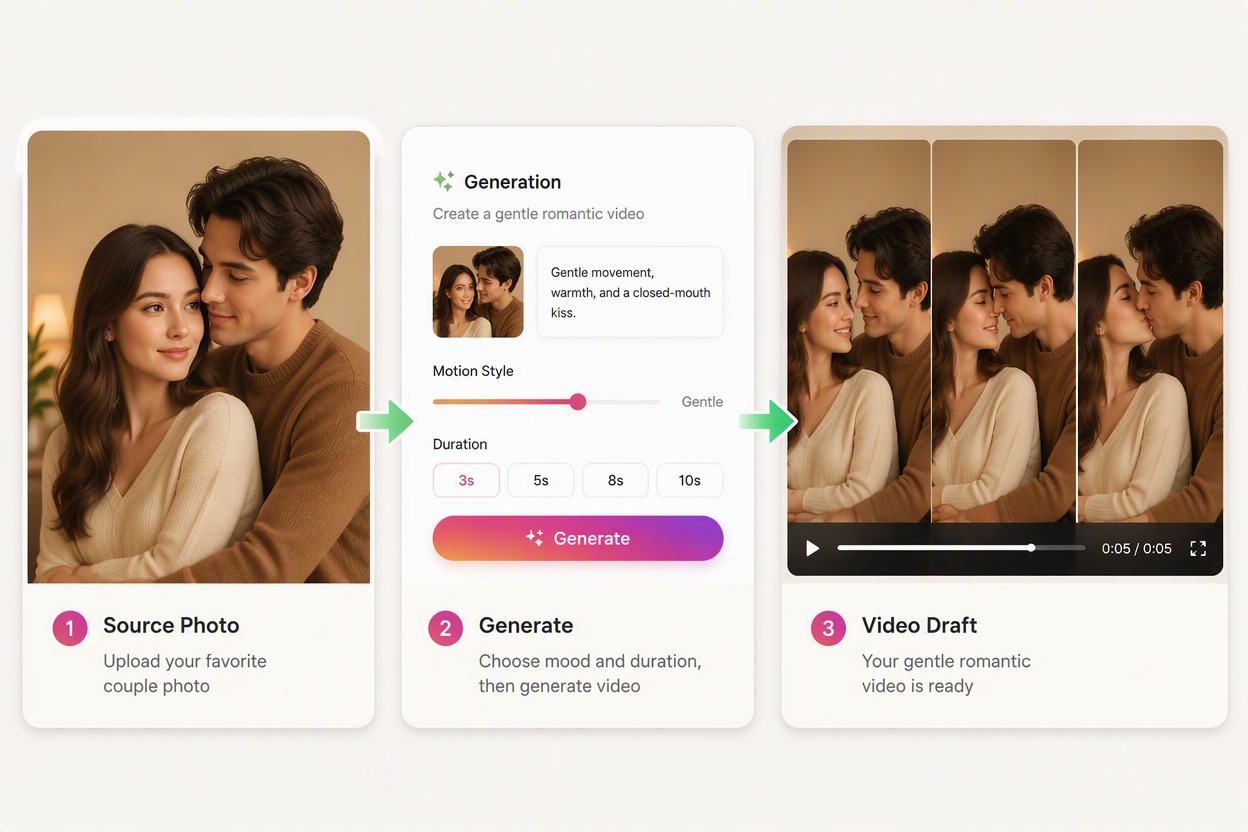 Couple-photo workflow with two adults in beige and rust clothing, standing three-quarter view in a warm studio; three frames show an approach, gentle forehead kiss, and relaxed ending.