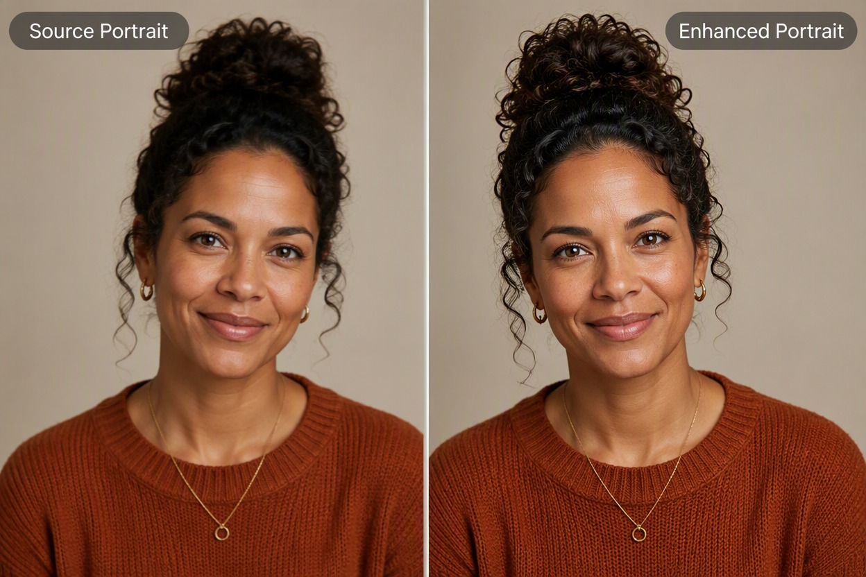 Source and enhanced portrait comparison of a woman with wavy black hair and a rust sweater. The enhanced result improves eye detail, hair strands, fabric texture, and lighting while maintaining the original face, expression, pose, crop, and gray studio background.