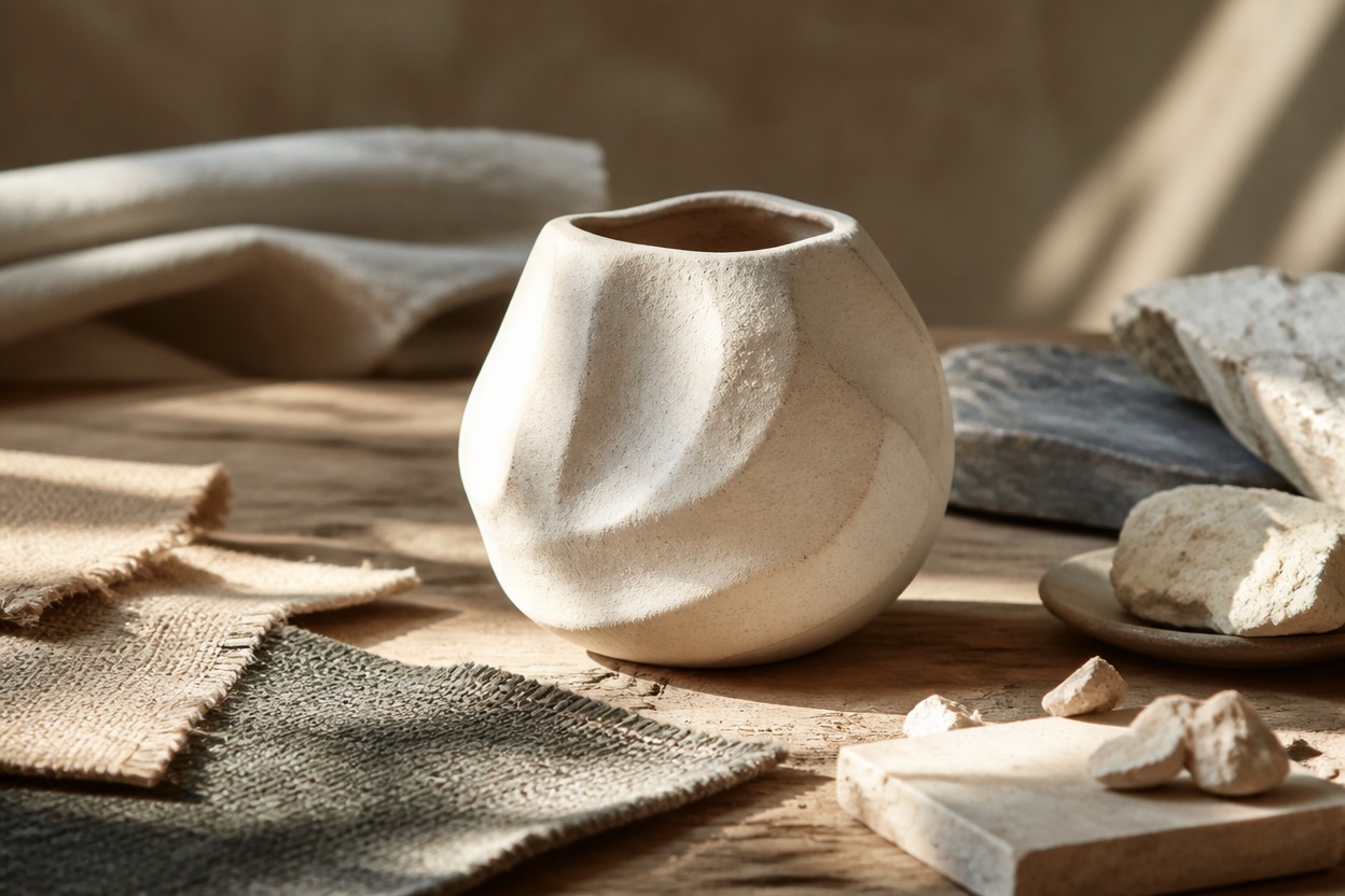 Ceramic vessel guided by textile and mineral references in one artisan studio