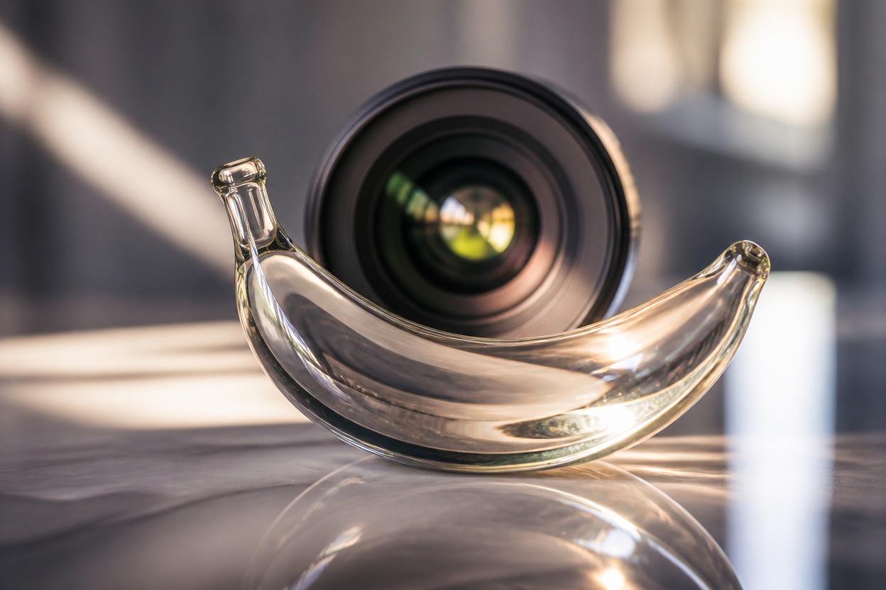 Glass banana sculpture and camera lens representing reference-guided editing