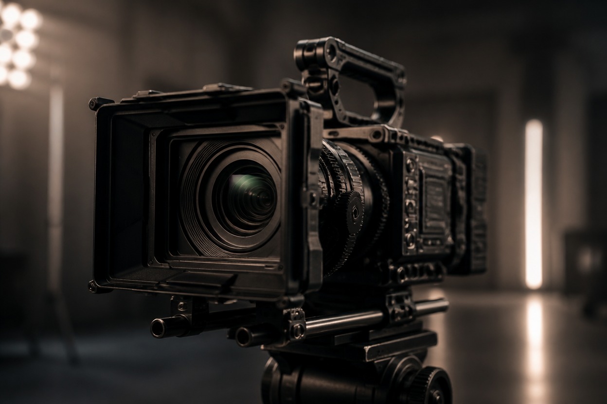 Unbranded cinema camera on a controlled production stage