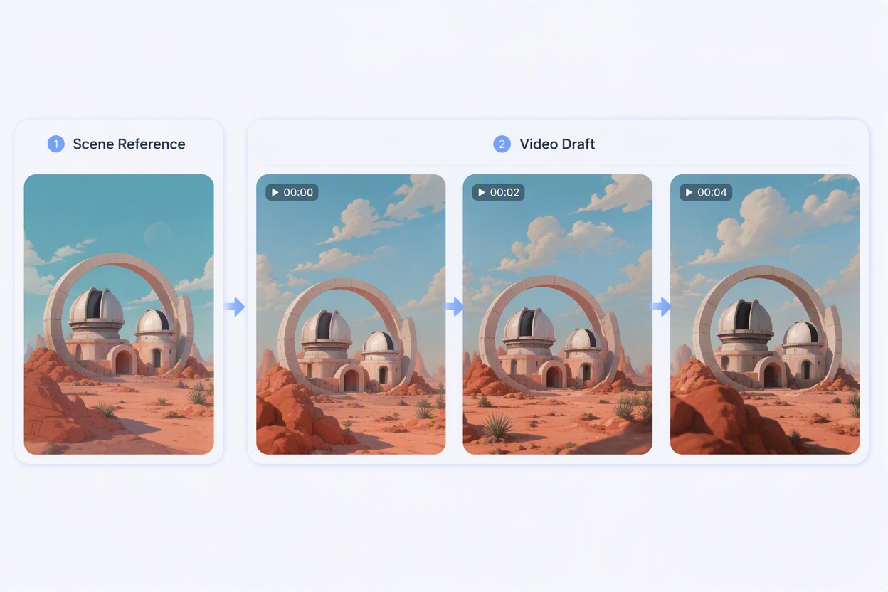 Feature-Workflow für Szenen-Referenzen mit stilisiertem Korallen-Wüsten-Observatorium, zwei Kuppeln, Sichelbogen und violetter Dämmerung. Drei Video-Frames ergänzen ziehende Wolken und eine subtile Kamerabewegung nach vorne bei sichtbarer Architektur, Horizont und Farbpalette. Beschriftungen: Szenen-Referenz, Videoentwurf.