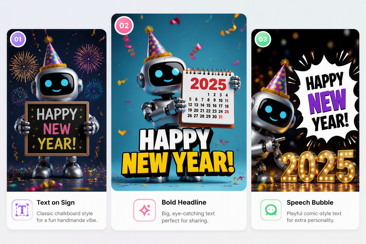 Feature finished New Year meme with a small silver robot holding a calendar and party hat under abstract confetti, with the bold caption HAPPY NEW YEAR.