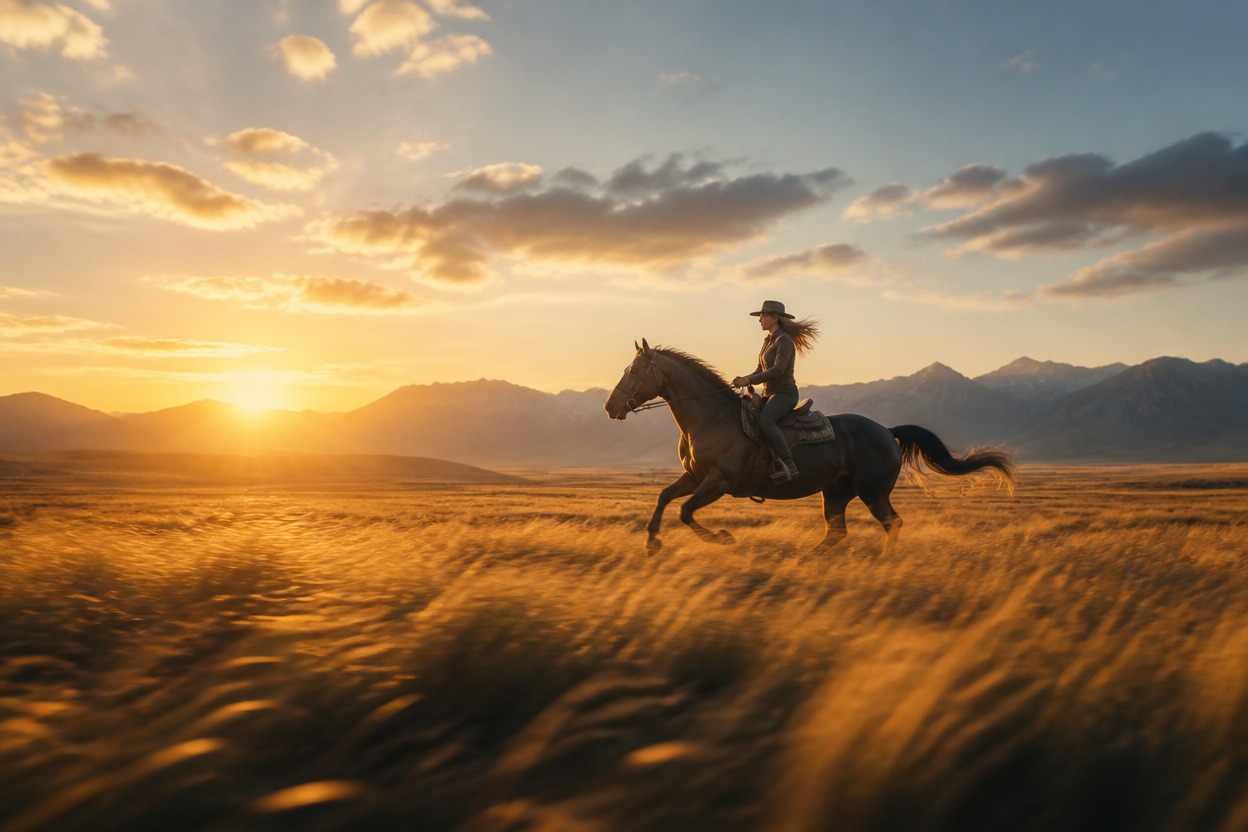 Cinematic rider and horse crossing a golden grassland