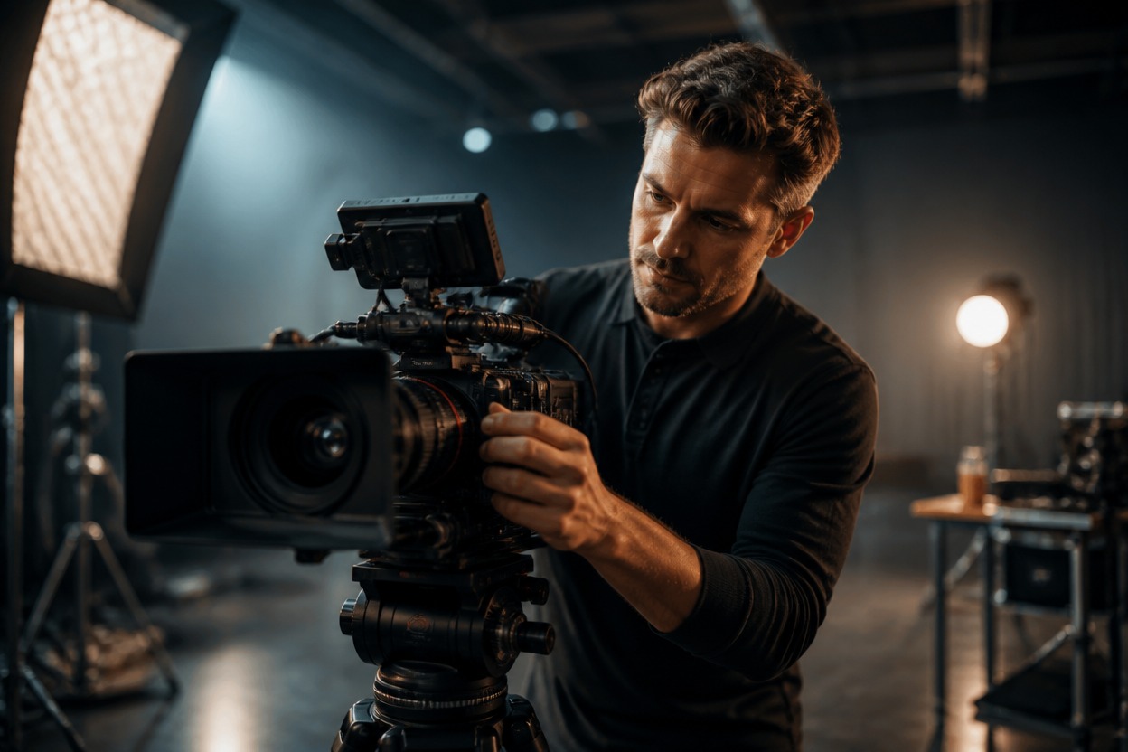 Creator directing a product-film shoot with professional camera and lighting equipment