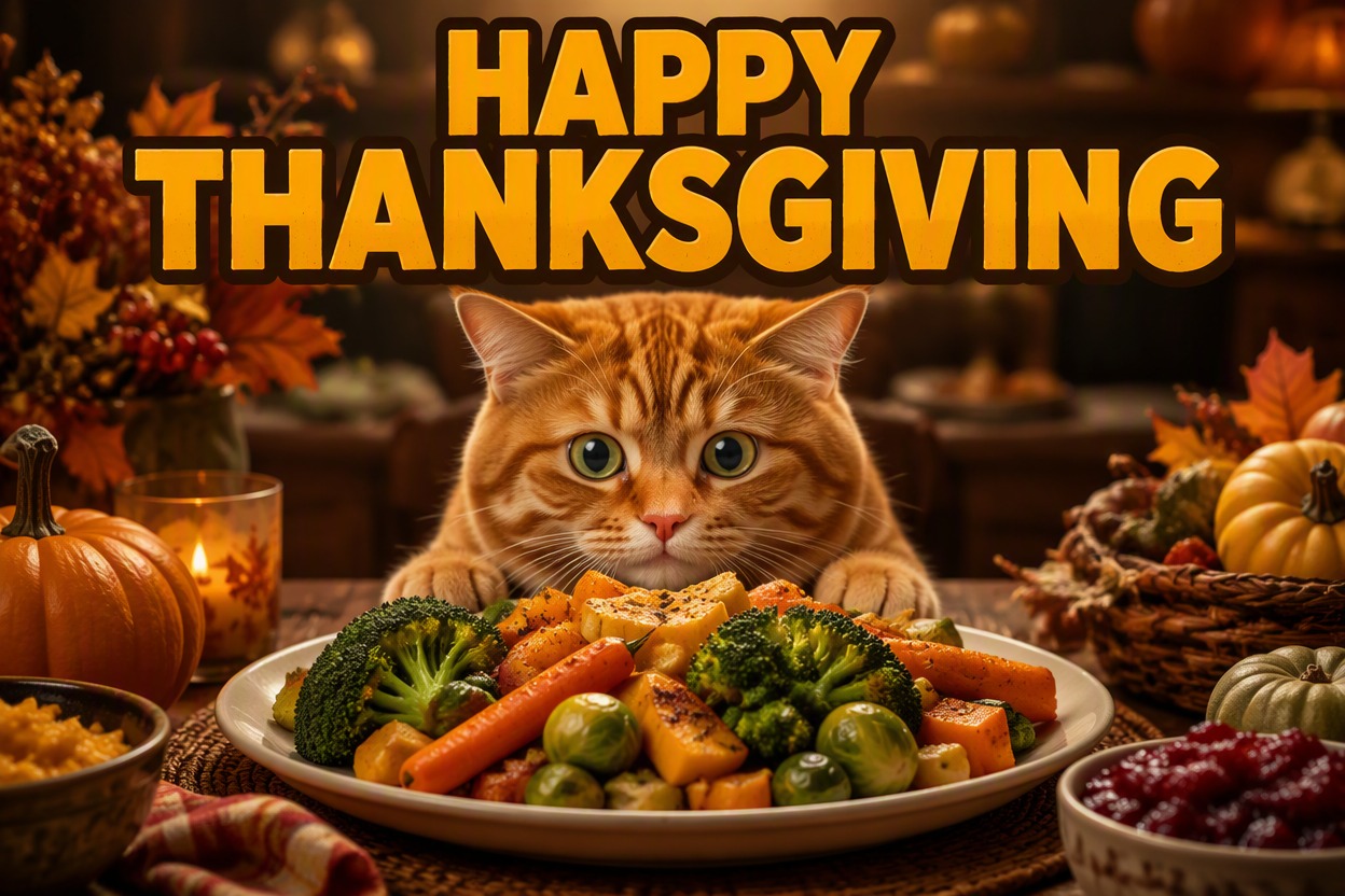 Feature one finished Thanksgiving meme: orange cat staring at an oversized plate of vegetables at a warm harvest table, with the bold caption HAPPY THANKSGIVING.