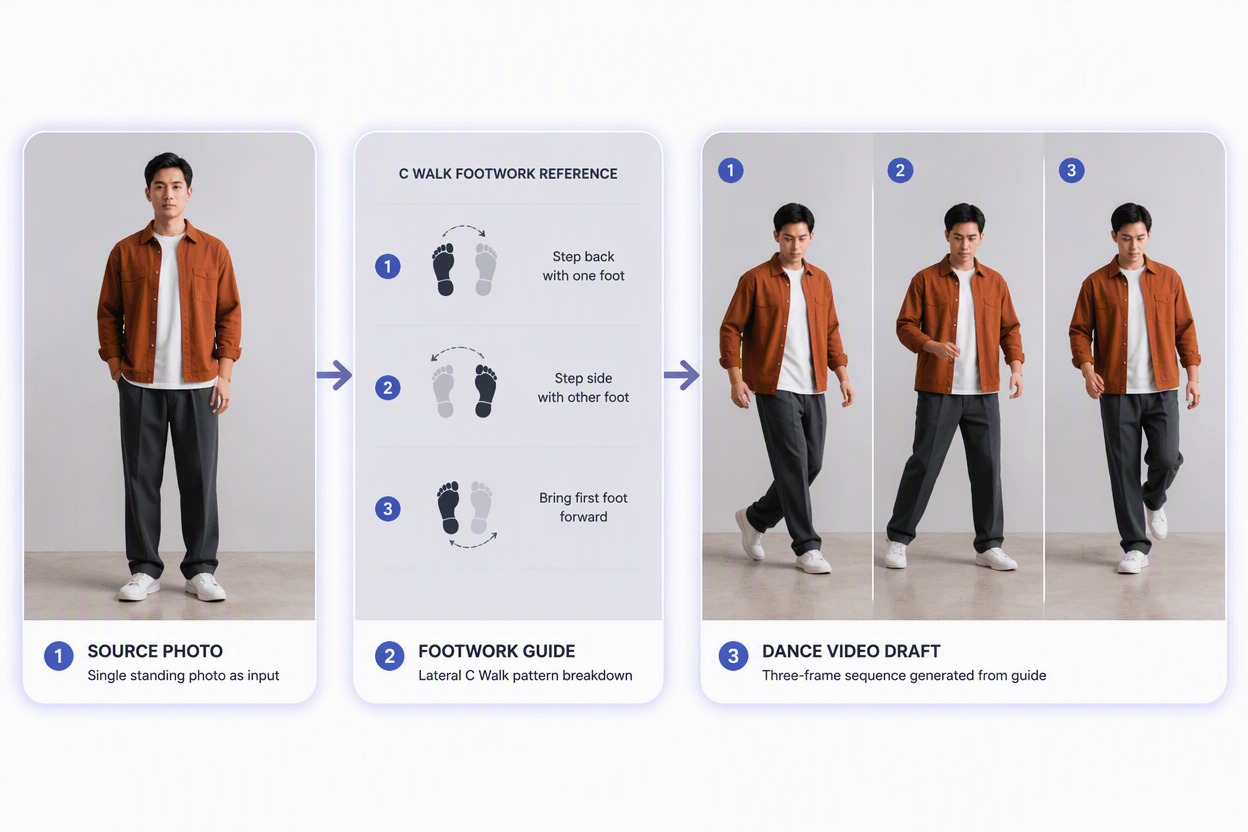 Feature comparison board with the same fictional woman in a plain beige tracksuit shown in three footwork drafts: lateral step, forward-back step and heel-toe step.