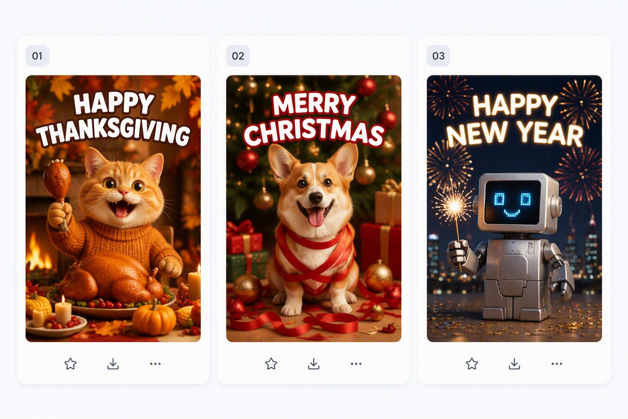 Hero holiday meme creator board with three finished cards and readable captions: HAPPY THANKSGIVING over a cozy harvest dinner with an expressive orange cat; MERRY CHRISTMAS over a corgi tangled in red ribbon; HAPPY NEW YEAR over a silver cube robot with a blue screen face. Clear bold English text.